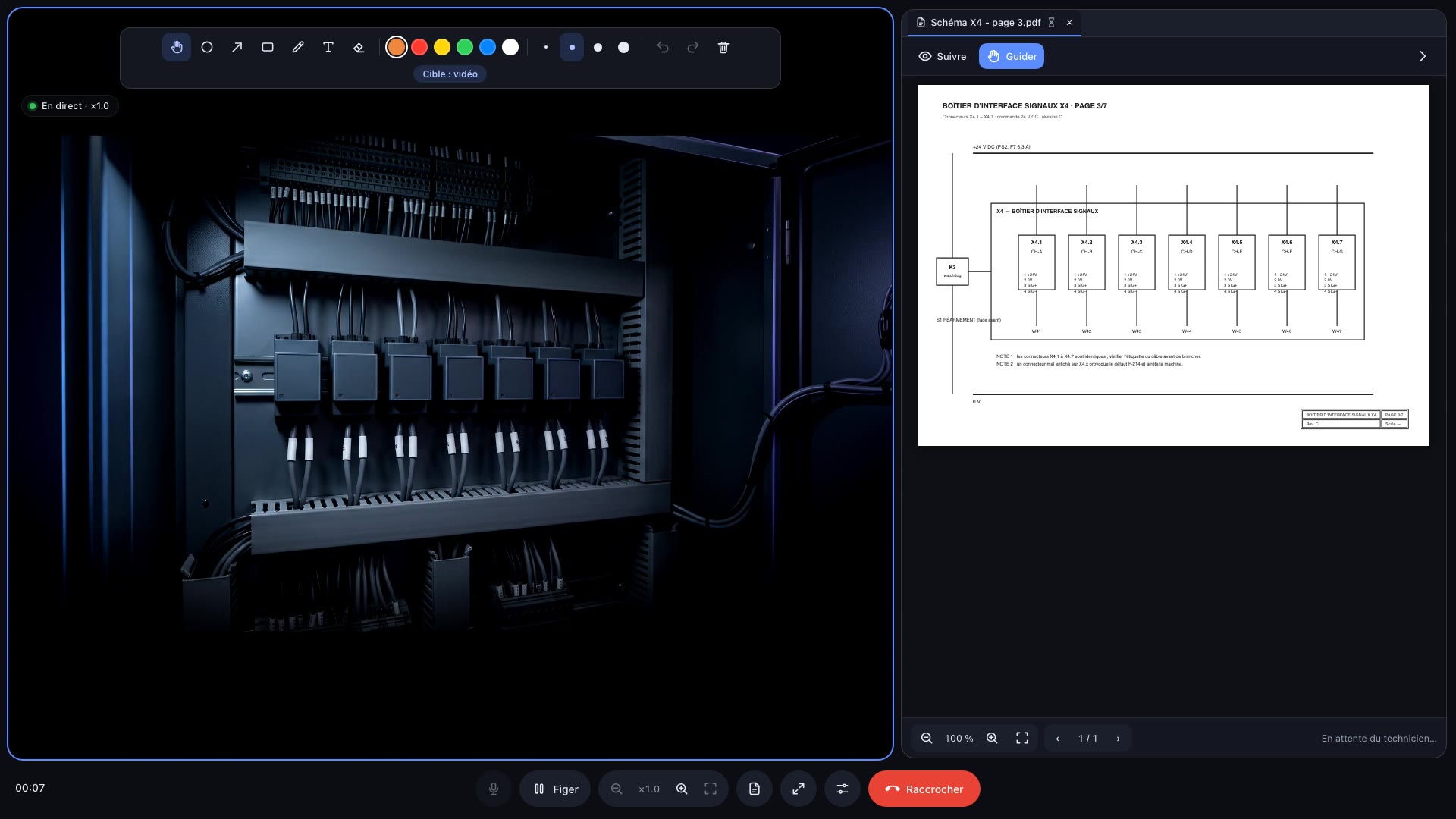 La console Vizr avec un schéma de câblage ouvert à côté de la vue en direct