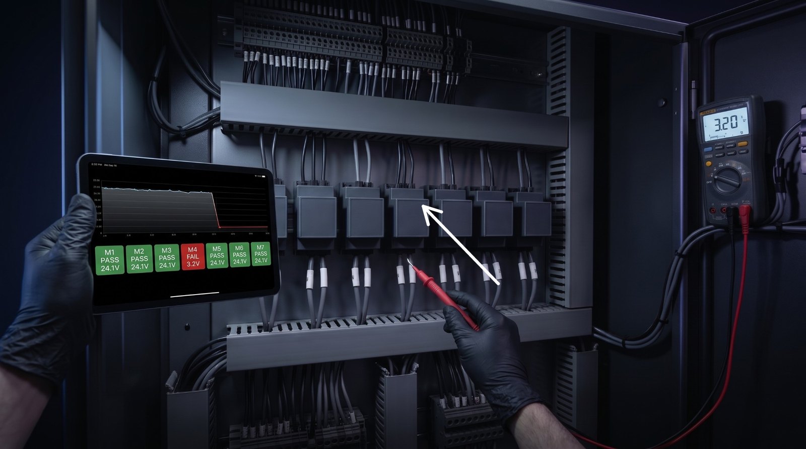 The technician's view with the expert's arrow on the right part